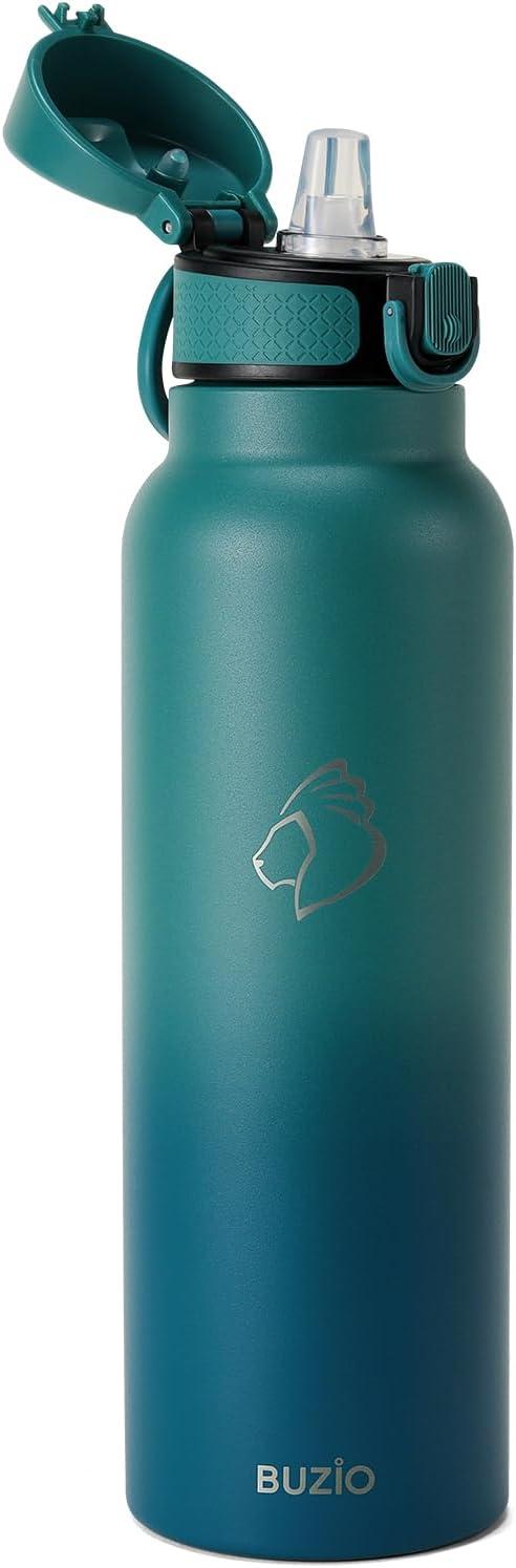 Buzio 32 oz Insulated with Straw & Brush Vaccum Stainless Steel Metal 3 Lids Water Flask for Sports, Gym or Office Keep Cold 48H Hot 24H，Pacific Prince