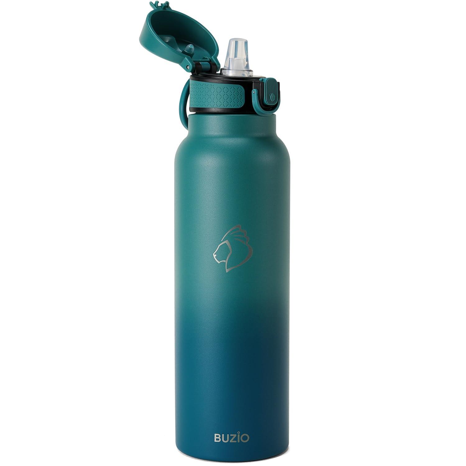 Buzio 32 oz Insulated with Straw & Brush Vaccum Stainless Steel Metal 3 Lids Water Flask for Sports, Gym or Office Keep Cold 48H Hot 24H，Pacific Prince
