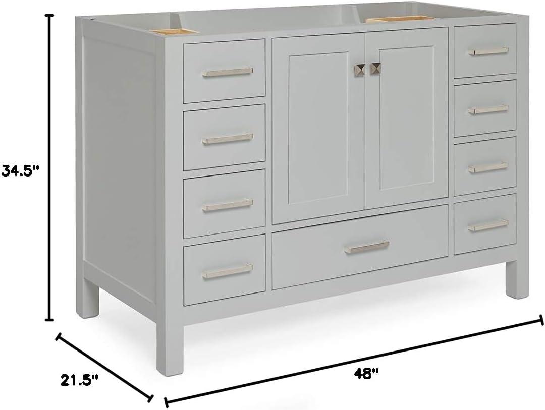 ARIEL 48" Grey Bathroom Vanity Base Cabinet, Single Sink Configuration, 2 Soft Closing Doors, 9 Full Extension Dovetail Drawers, Brushed Nickel