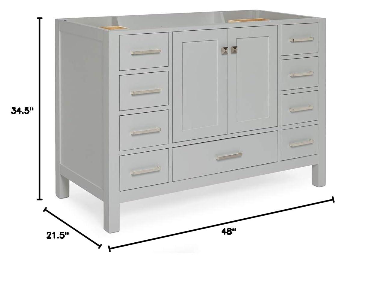 ARIEL 48" Grey Bathroom Vanity Base Cabinet, Single Sink Configuration, 2 Soft Closing Doors, 9 Full Extension Dovetail Drawers, Brushed Nickel