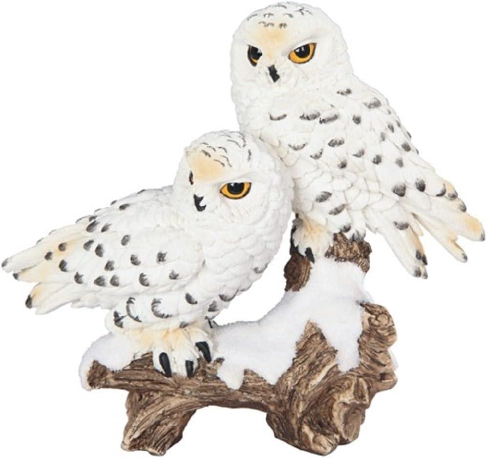 ICE ARMOR 6"W Snowy Owl Couple Standing on Tree Trunk Statue Wild Animal Decoration Figurine