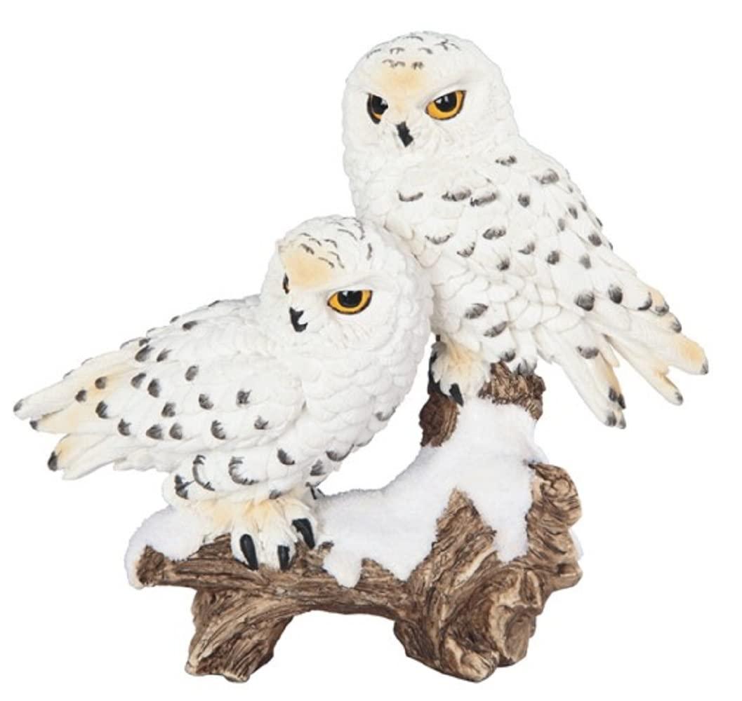 ICE ARMOR 6"W Snowy Owl Couple Standing on Tree Trunk Statue Wild Animal Decoration Figurine