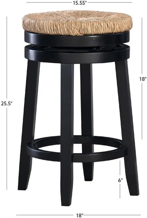 Linon Maya 25.5" Rubberwood Counter Stool Natural Seagrass Swivel Seat in Black
