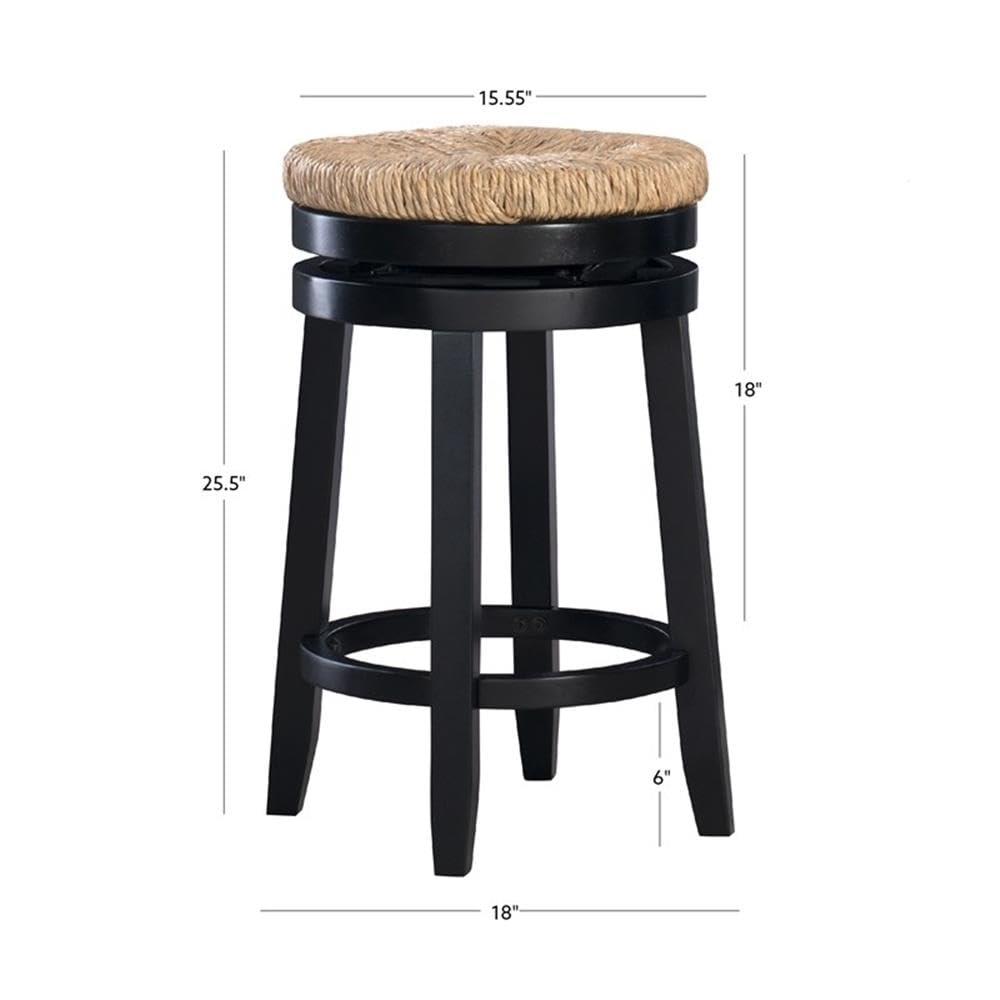 Linon Maya 25.5" Rubberwood Counter Stool Natural Seagrass Swivel Seat in Black