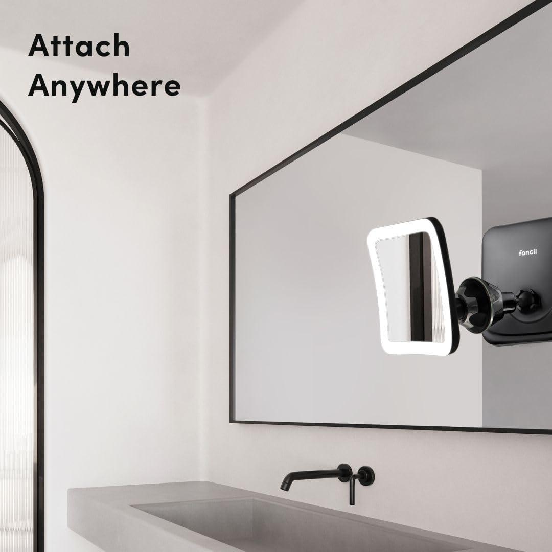 Black Wall Mounted LED Magnifying Mirror with Suction Mount