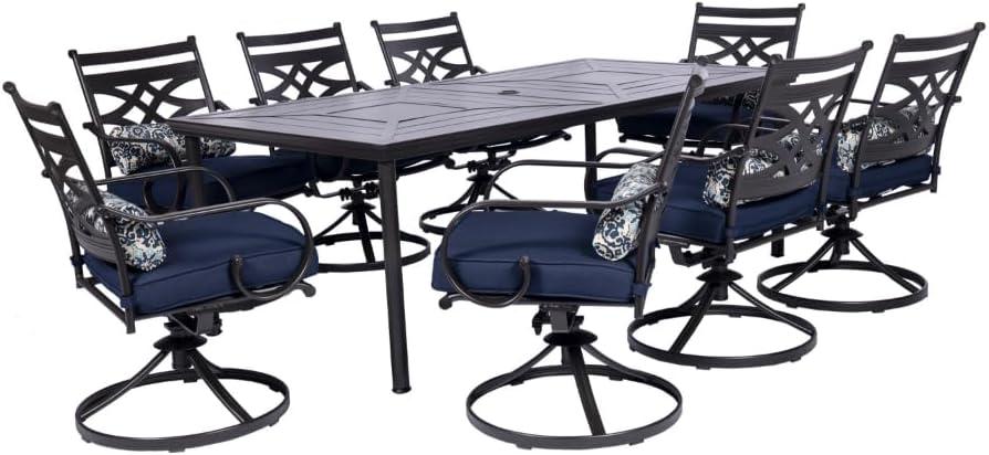 Hanover Montclair 9-Piece All-Weather Outdoor Patio Dining Set, 8 Swivel Rocker Chairs with Comfortable Seat and Lumbar Cushions, 84"x42" Stamped Rectangle Table, MCLRDN9PCSW8-NVY