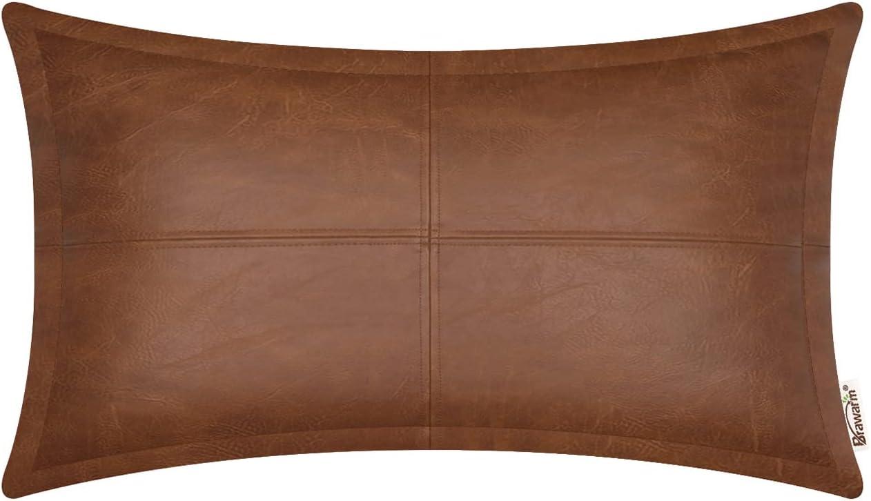 BRAWARM Dark Brown Leather Throw Pillow 12 X 20 Inches, Faux Leather Pillow Cover with Piping, Hand Stitched Leather Decorative Lumbar Throw Pillow Covers for Couch Sofa Bed Living Room Garden