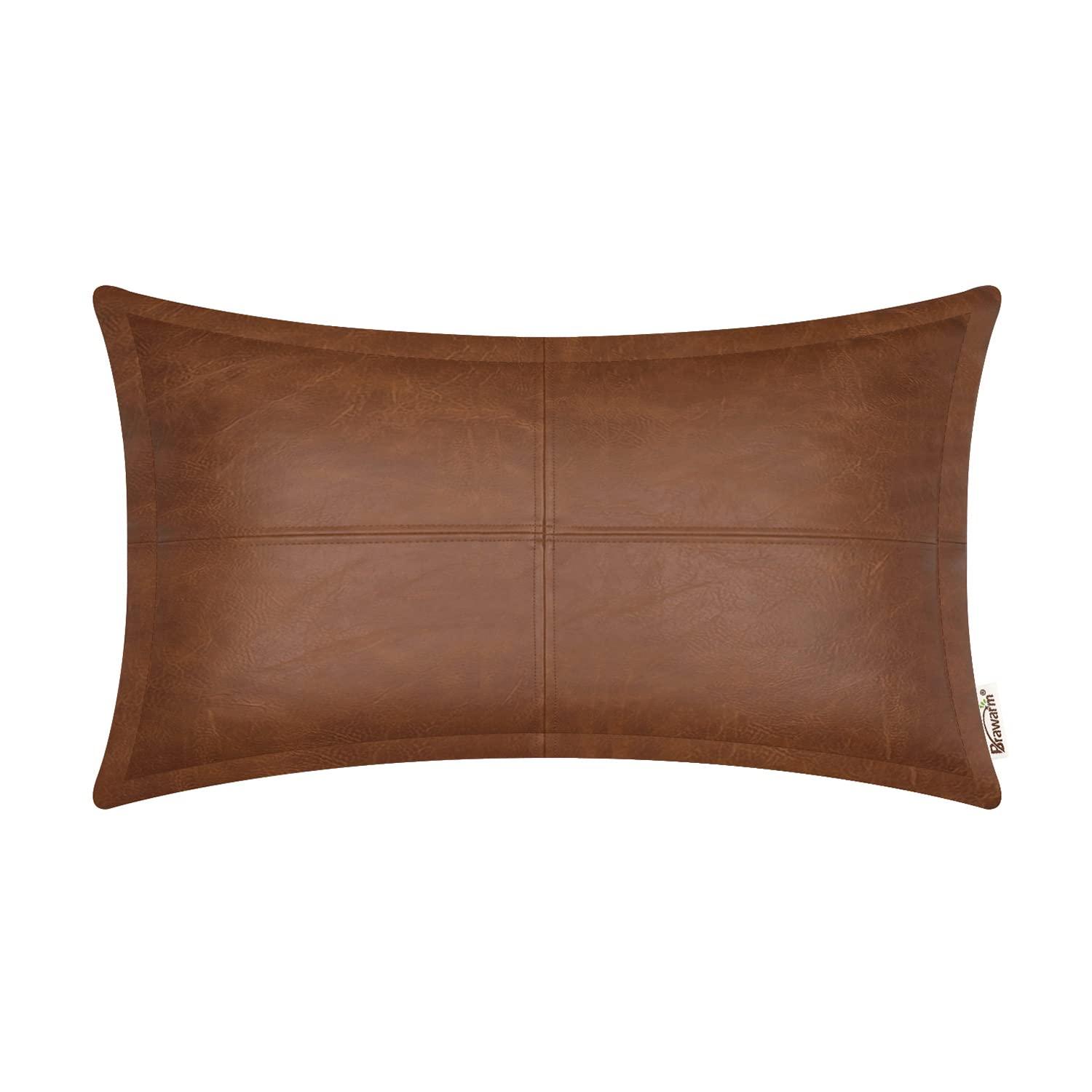 BRAWARM Dark Brown Leather Throw Pillow 12 X 20 Inches, Faux Leather Pillow Cover with Piping, Hand Stitched Leather Decorative Lumbar Throw Pillow Covers for Couch Sofa Bed Living Room Garden