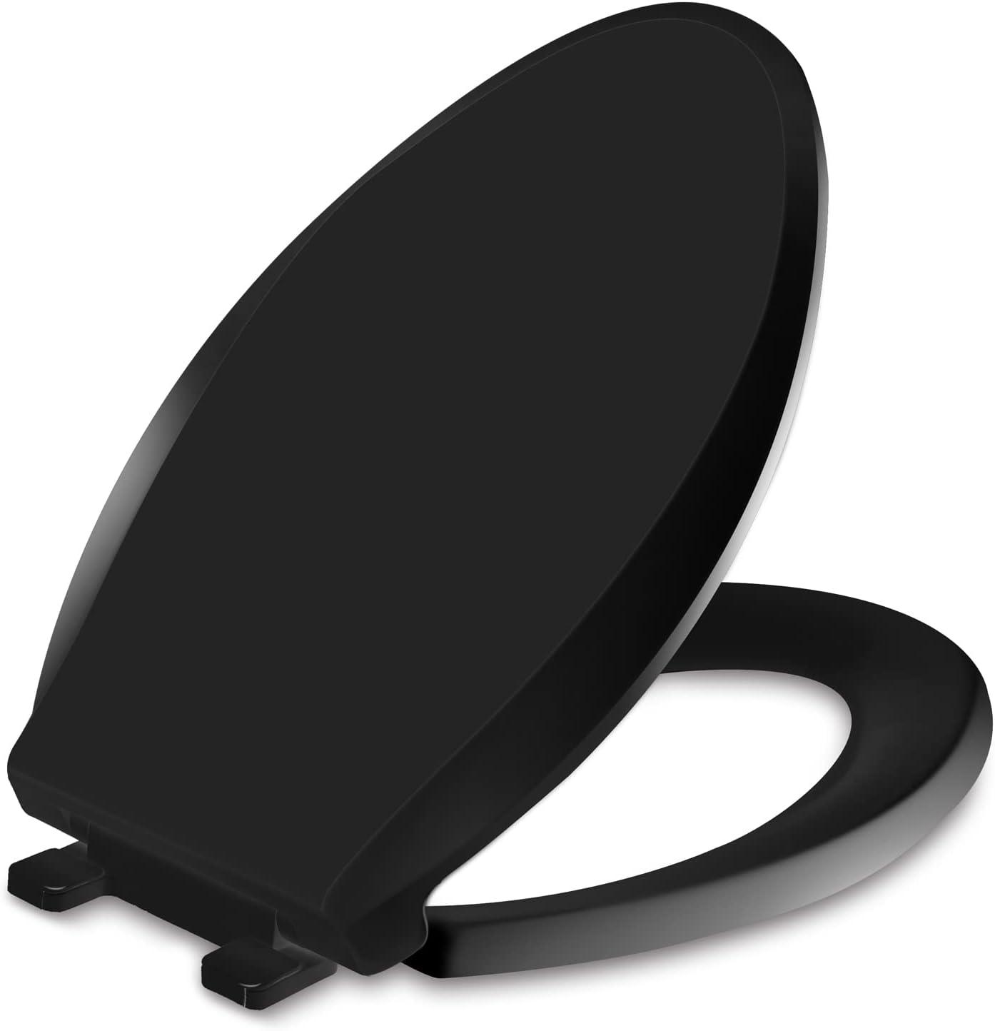 Elongated Toilet Seat, Slow Soft Close, Oval(Oblong) Toilet Seat For Elongated Toilets, Quiet-Close Lid And Seat, Easy To Install And Clean, Never Loosen, Black(18.5)