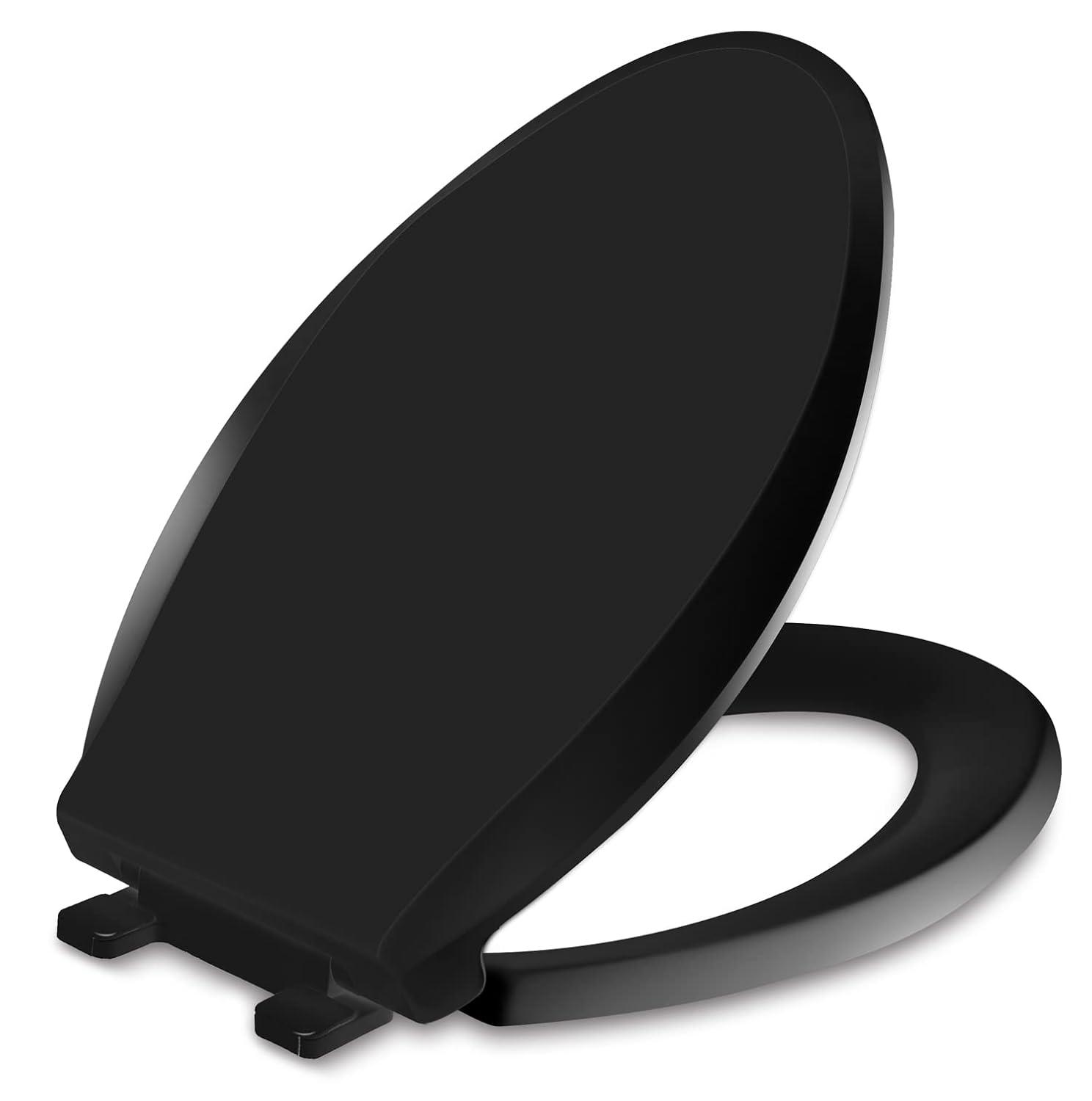 Elongated Toilet Seat, Slow Soft Close, Oval(Oblong) Toilet Seat For Elongated Toilets, Quiet-Close Lid And Seat, Easy To Install And Clean, Never Loosen, Black(18.5)