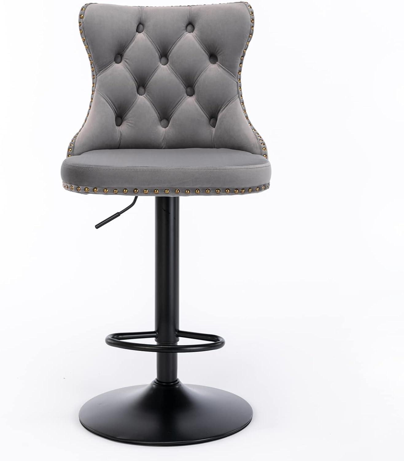 Gray Velvet Adjustable Swivel Bar Stools with Nailhead Trim