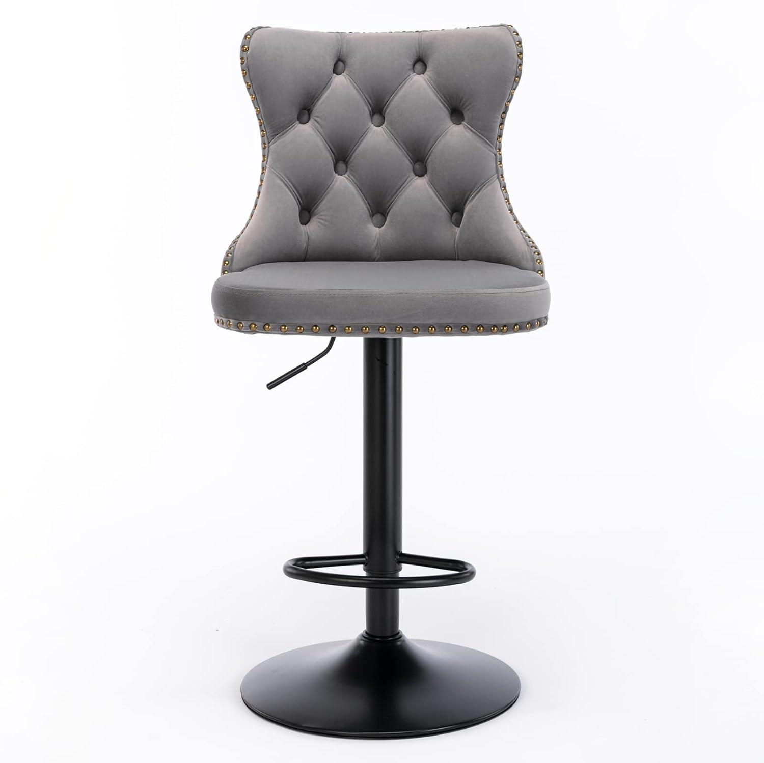 Gray Velvet Adjustable Swivel Bar Stools with Nailhead Trim