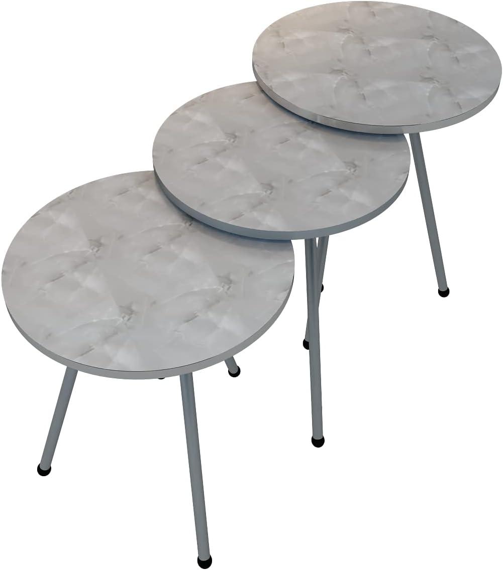 White Marble and Silver Round Nesting End Tables, Set of 3