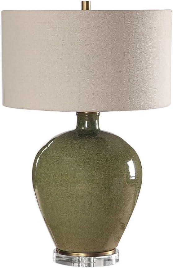 Distressed Emerald Green Ceramic Table Lamp with Beige Linen Shade