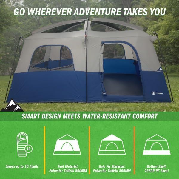 Gray and Navy 10-Person Three Season Cabin Tent with Carry Bag