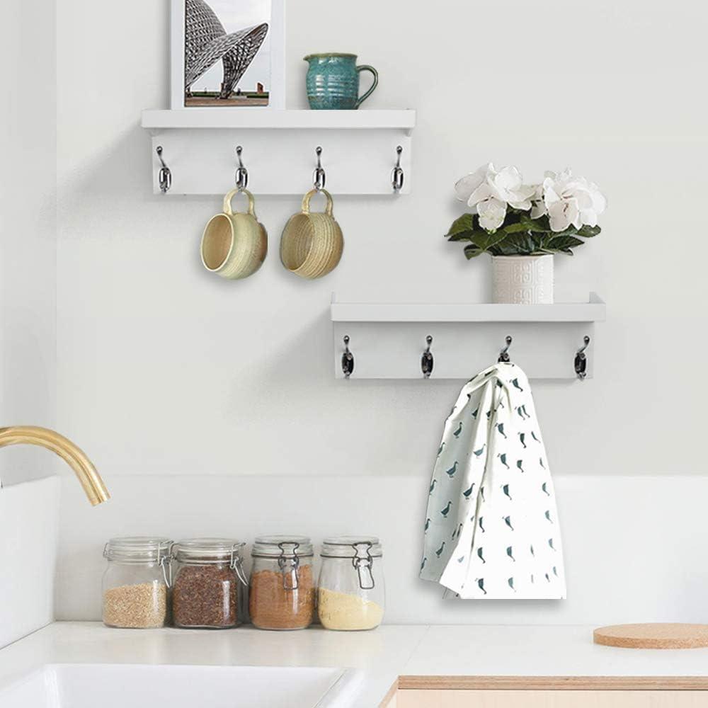 White Wall Mounted Coat Rack with Shelf and Double Hooks, Set of 2