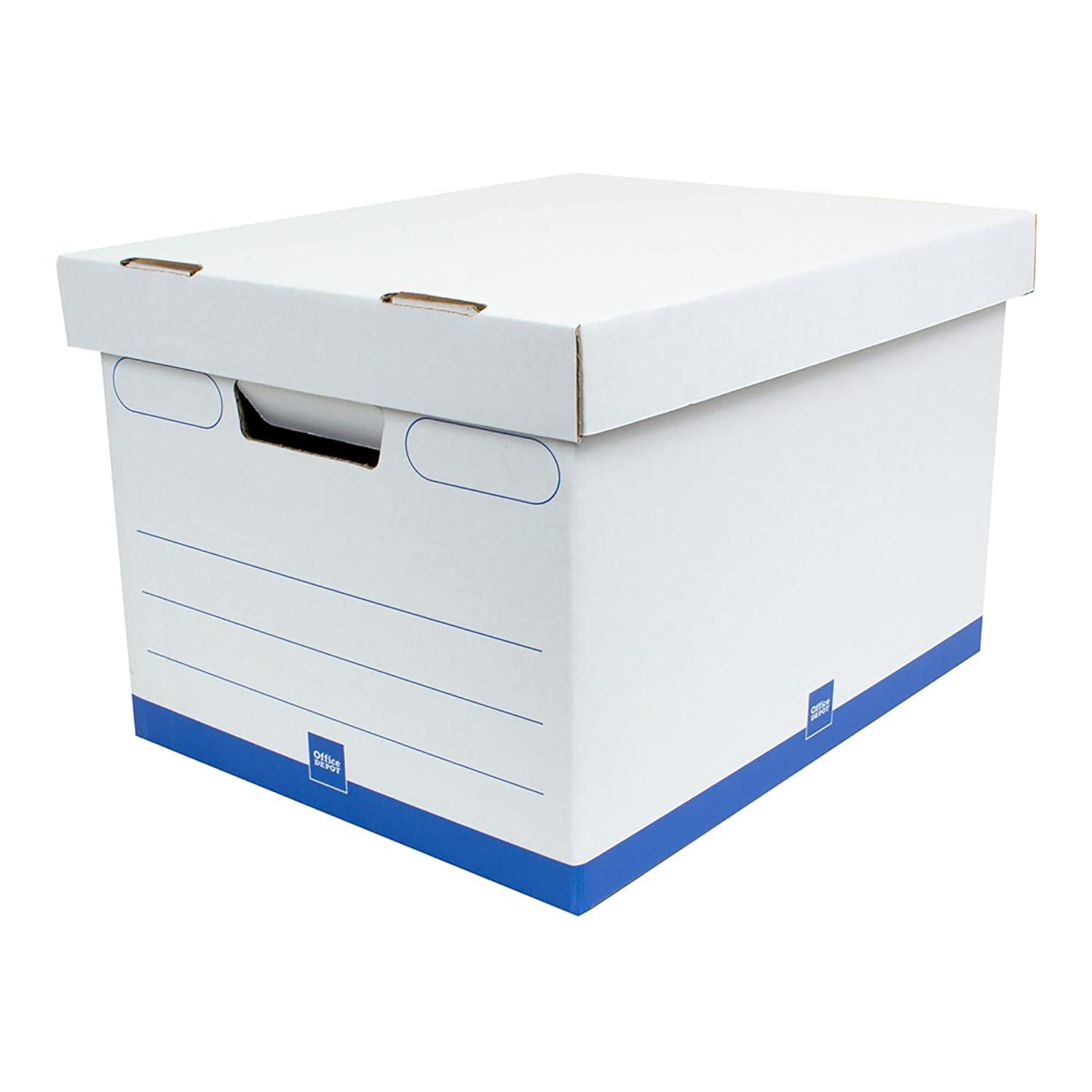 Office Depot® Brand Medium Quick Set Up Corrugated Medium-Duty Storage Boxes With Lift-Off Lids And Built-In Handles, Letter/Legal Size, 15" x 12" x 10", White/Blue, Pack Of 5