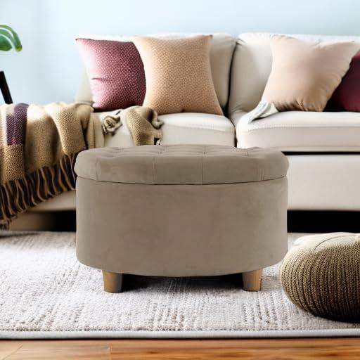 Tufted Round Storage Ottoman Fawn Velvet - HomePop: Lift-Off Lid, Honey Oak Legs, 250lb Capacity