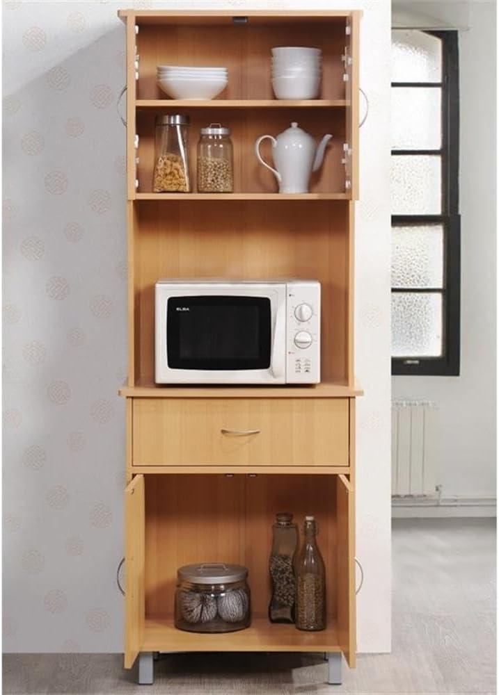 HODEDAH IMPORT Long Standing Kitchen Cabinet with Top & Bottom Enclosed Cabinet Space, One Drawer, Large Open Space for Microwave, White