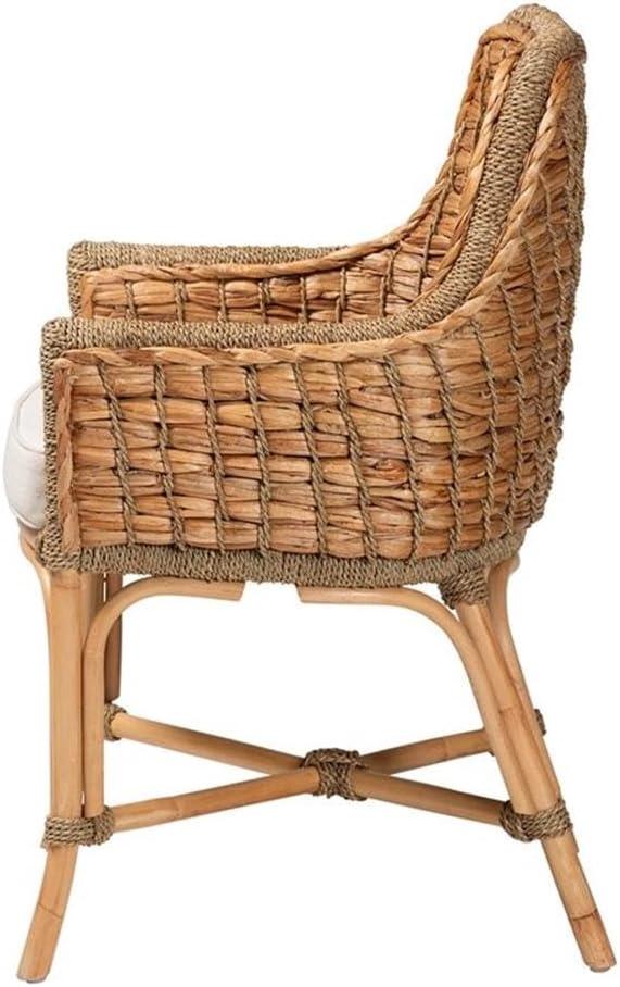 Baxton Studio Kyle Natural Brown Woven Rattan Dining Arm Chair with Cushion