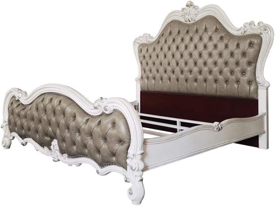 99" Queen Bed Versailles Vintage Gray PU Leather, Button Tufted - Acme Furniture: Claw & Ball Feet, Fluted Crown