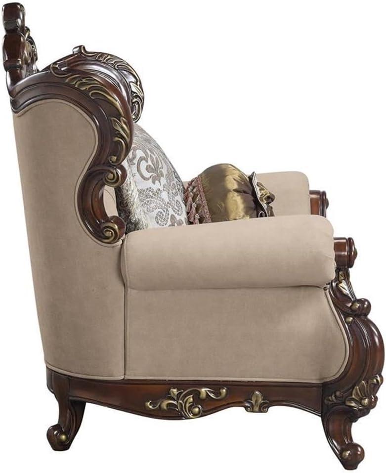 ACME Ragnar Loveseat with 5 Pillows in Light Brown Fabric and Cherry