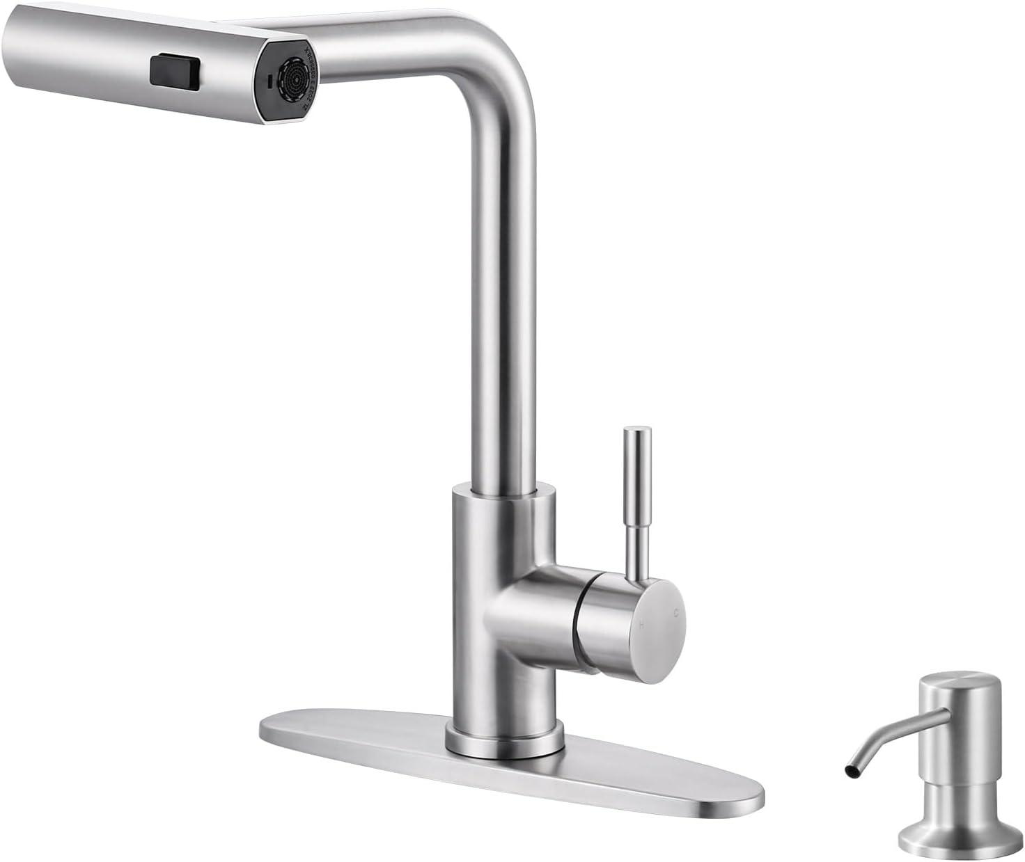 Luxury Waterfall Kitchen Faucet - Brushed Nickel Single Hole Sink Faucet with 3-Mode Pull-Out Sprayer, 360° Swivel, SUS304 Stainless Steel, High Arc, Easy Installation, Durable and Corrosion-Resistant