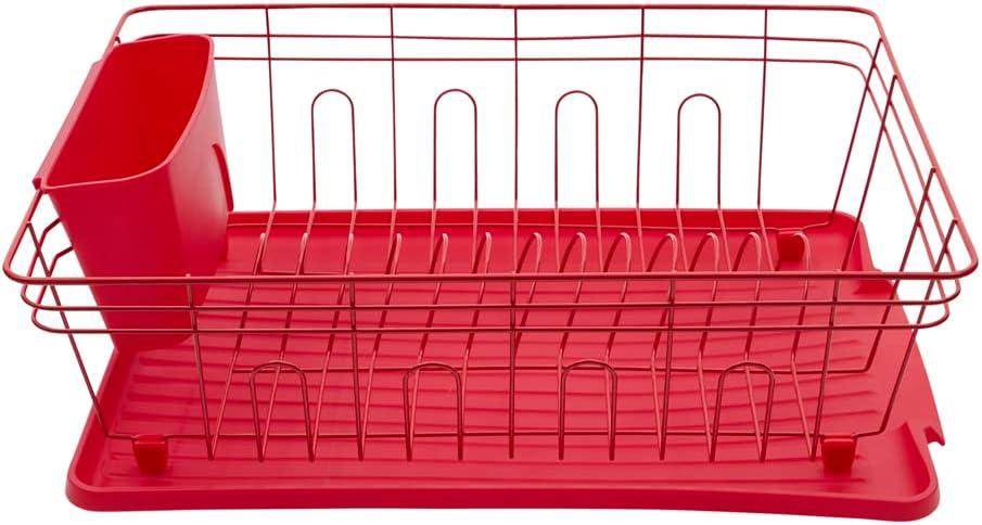 Red Metal Single Tier Dish Rack with Utensil Cup