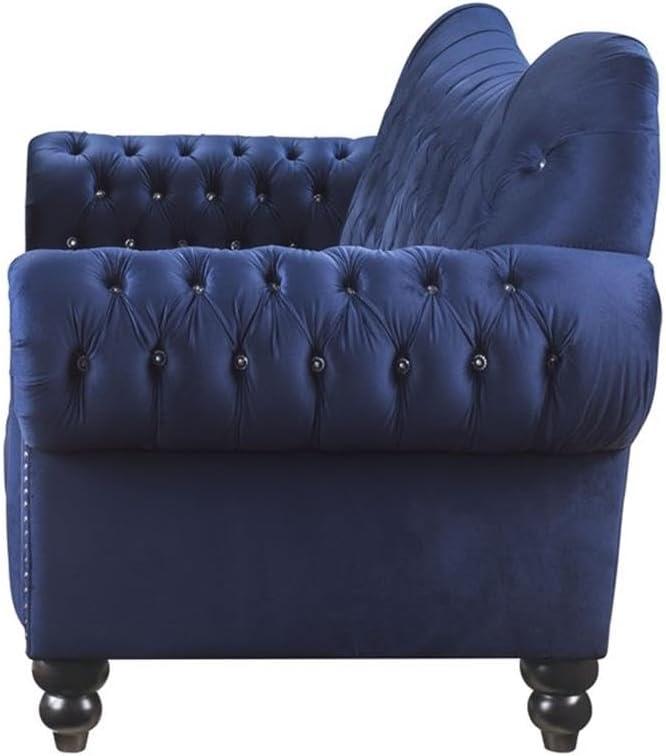 Elegant Blue Velvet Chesterfield Sofa with Tufted Detail and Nailhead Trim