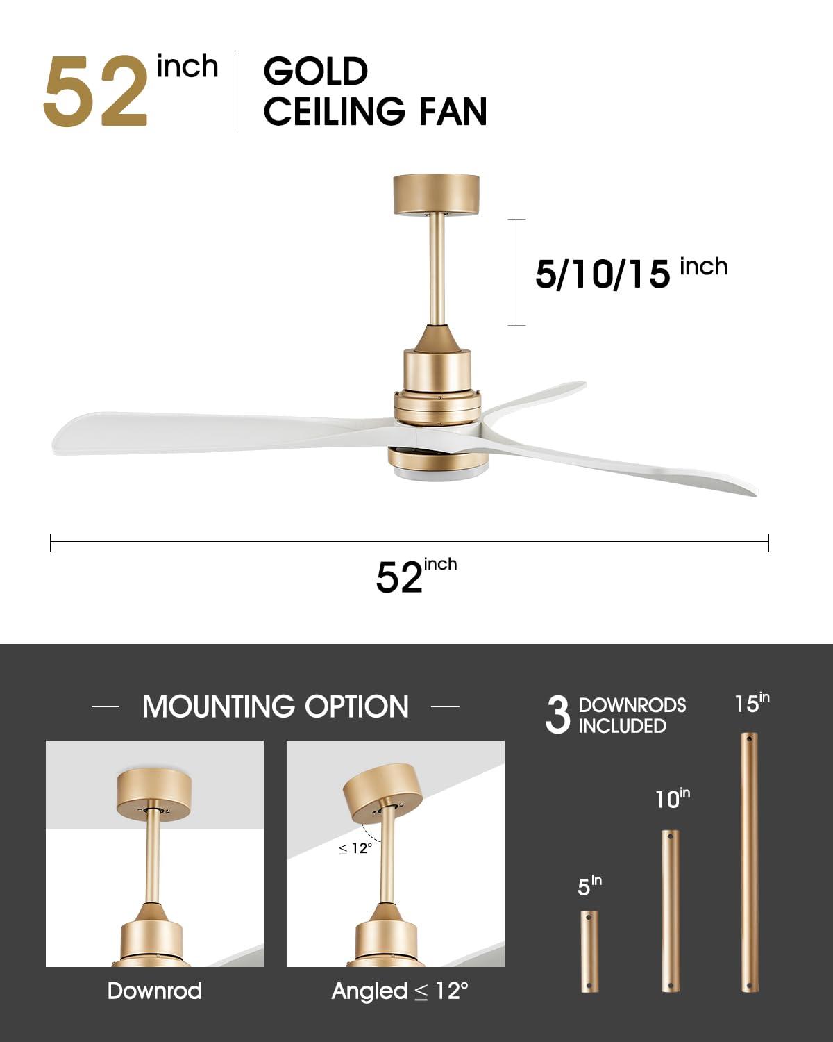 52 Inch Gold White Smart Ceiling Fans with Lights and Remote,Quiet DC Motor,for Modern Bedroom Living Room Patio