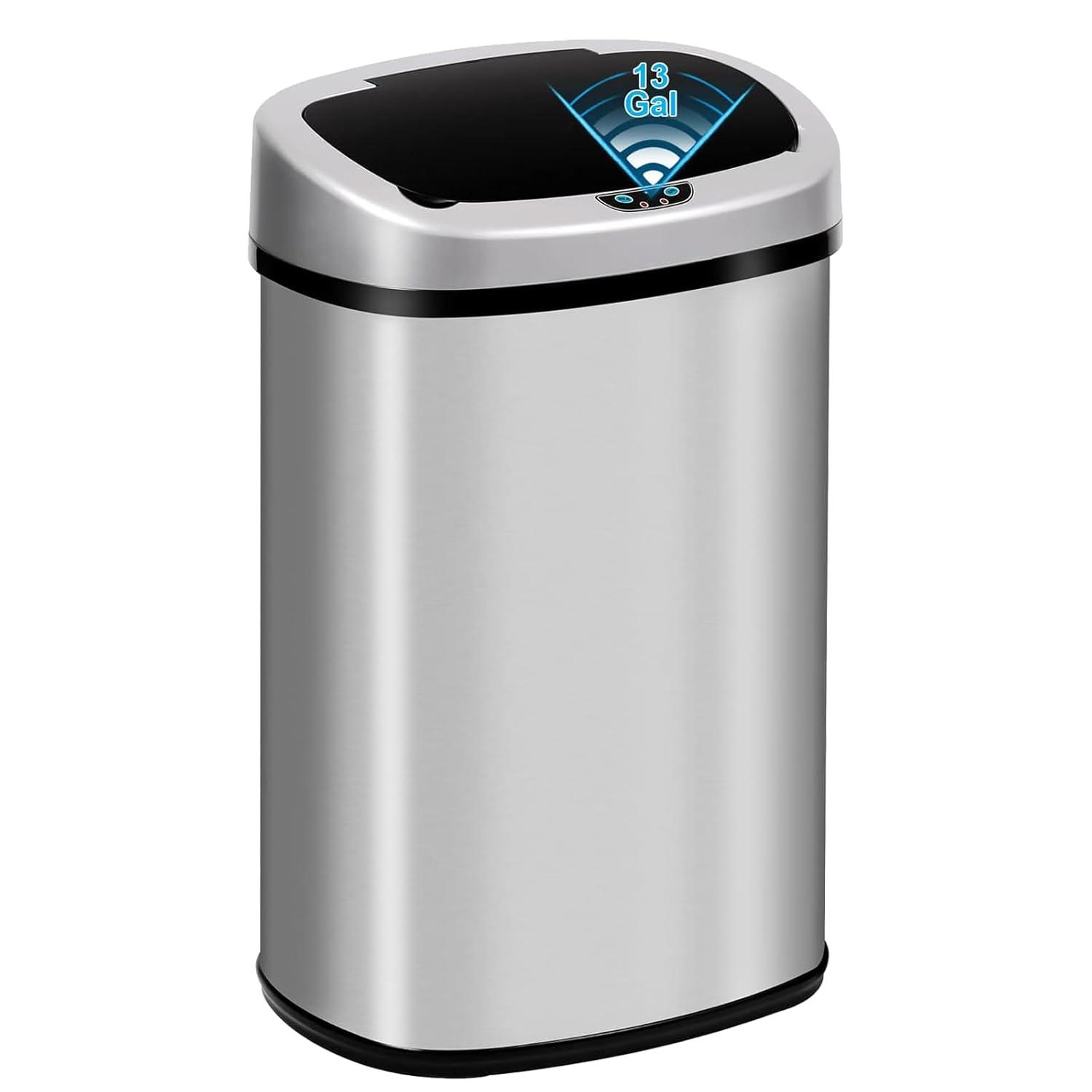 FDW Kitchen Trash Can with Lid, 13 Gallon Automatic Garbage Can for Bathroom Bedroom Home Office 50 Liter Touch Free Stainless Steel Waste Bin,Black