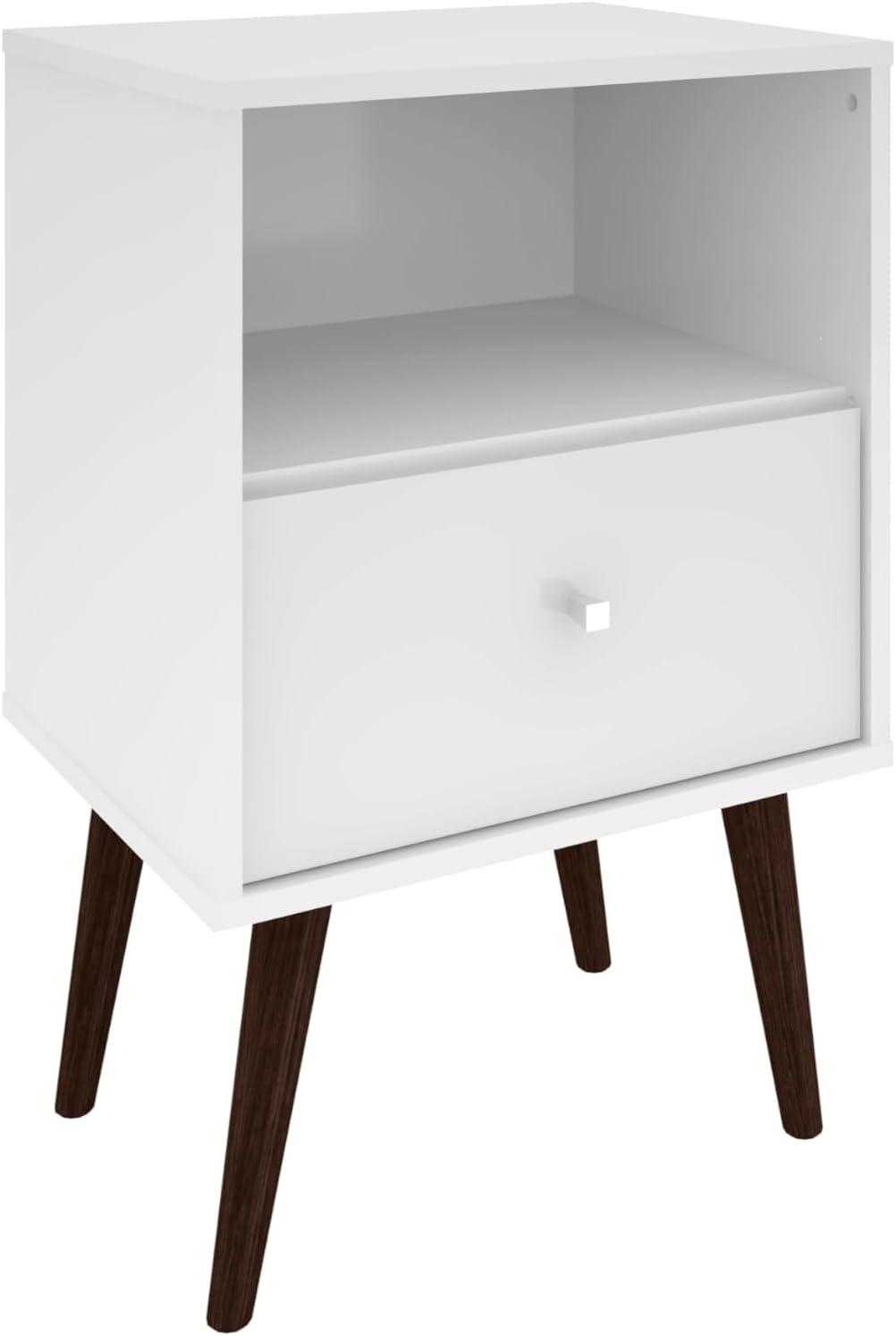 White Mid Century Modern Nightstand with Drawer and Open Shelf