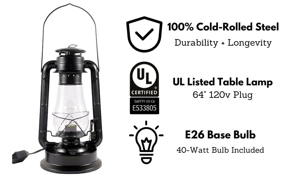 Electric Lantern Table Lamp with Inline dimmer and Edison Style Vintage Bulb-Rustic Black Finish by Muskoka Lifestyle Products, USA