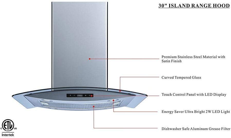 Winflo H102B Series 30" 500 CFM Convertible Island Range Hood in Stainless Steel With Filter Included