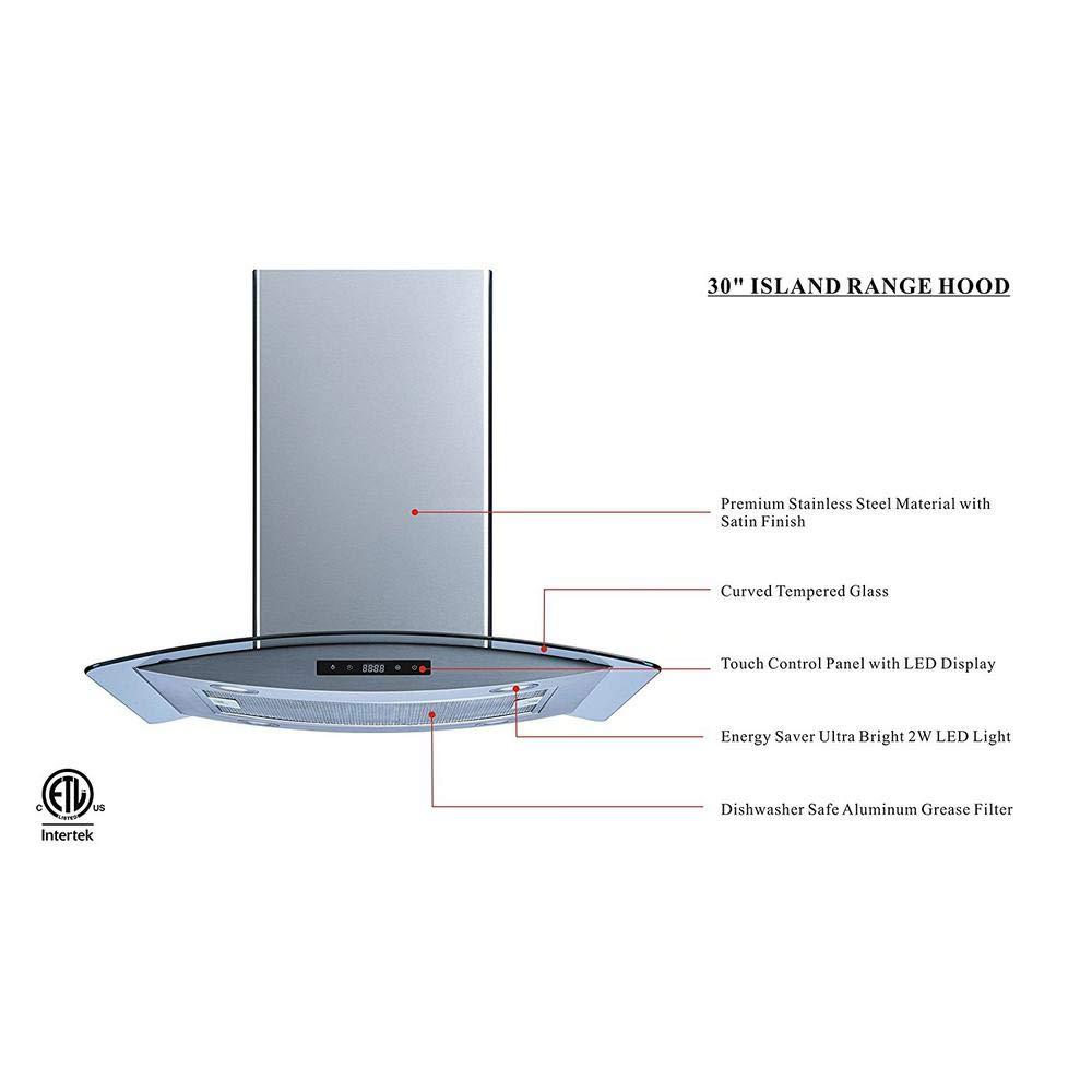 Winflo H102B Series 30" 500 CFM Convertible Island Range Hood in Stainless Steel With Filter Included