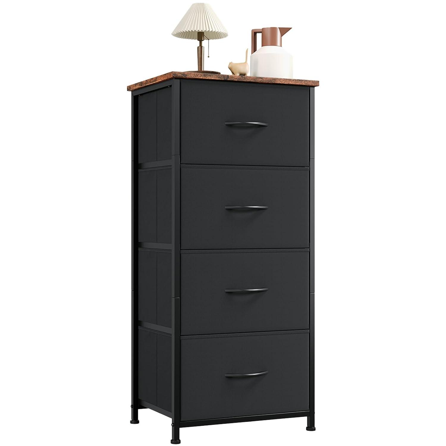 Somdot 4 Drawer Dresser, Chest of Drawers Fabric Vertical Nightstand for Bedroom, Black Rustic Brown