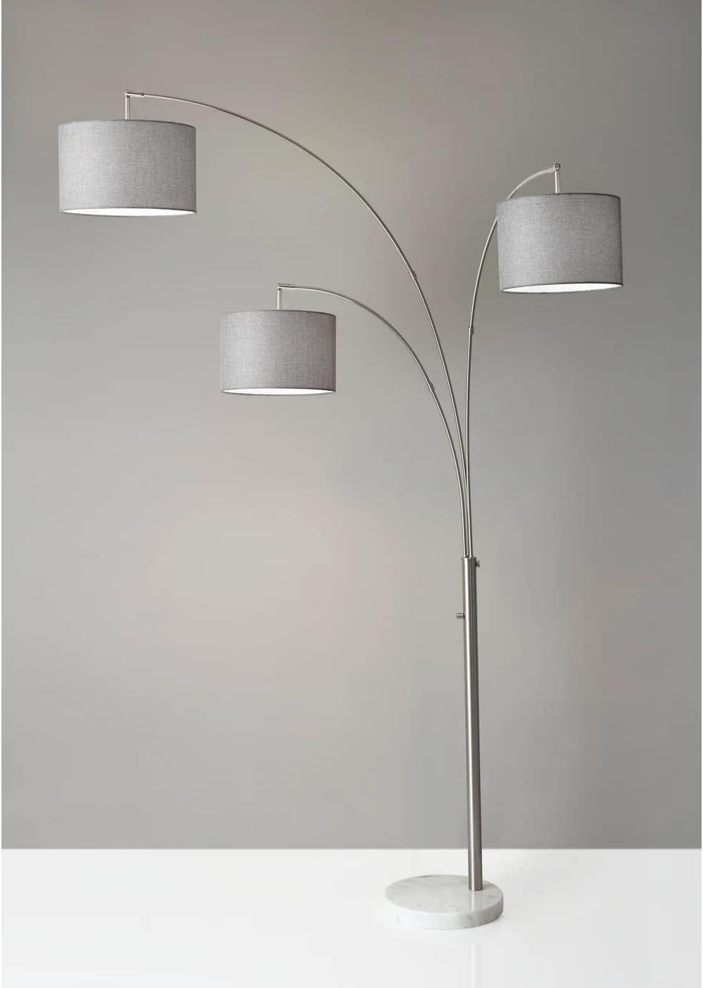 3-Arm Bowery Arc Lamp Brushed Steel - Adesso: Adjustable, Overhead Lighting with Marble Base