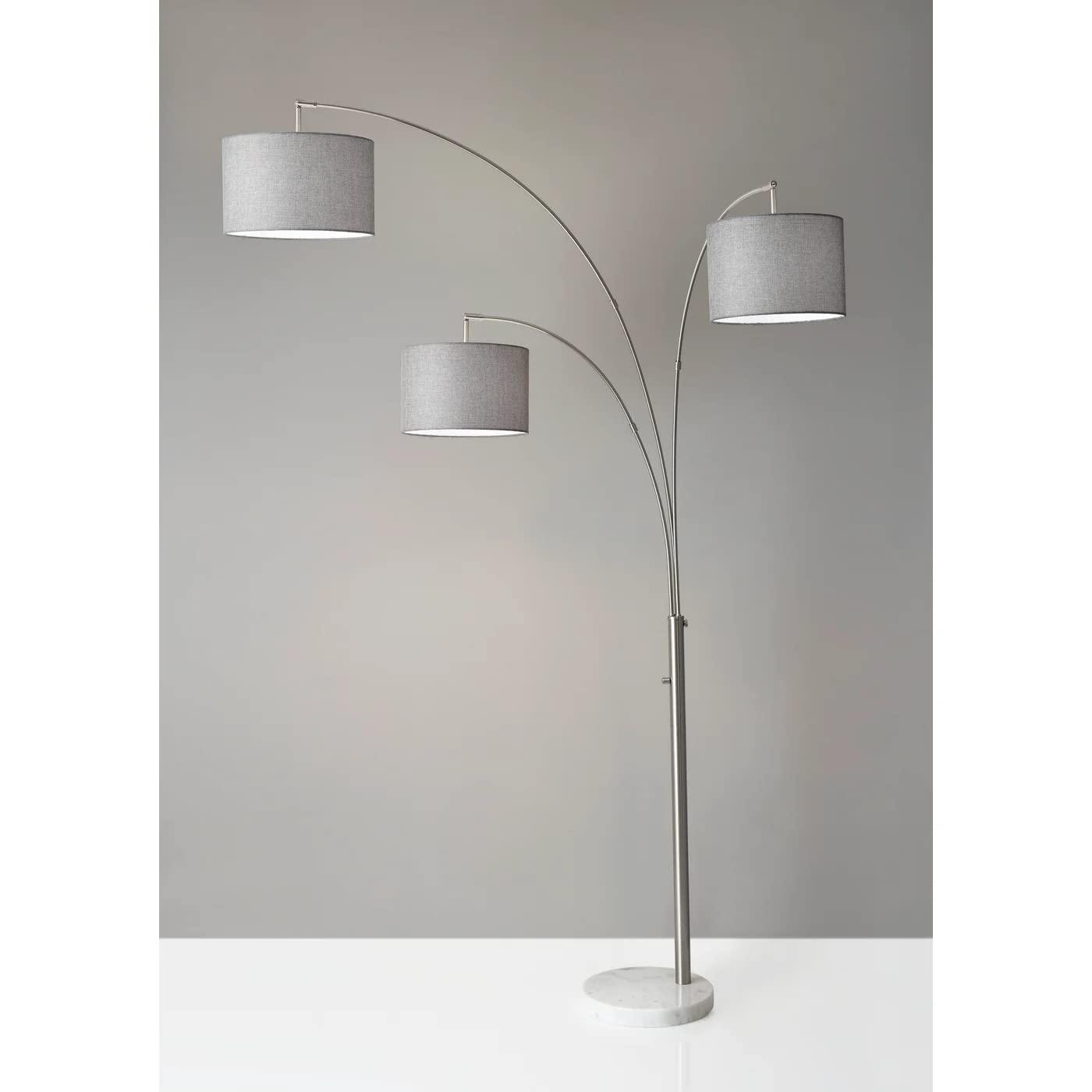 3-Arm Bowery Arc Lamp Brushed Steel - Adesso: Adjustable, Overhead Lighting with Marble Base