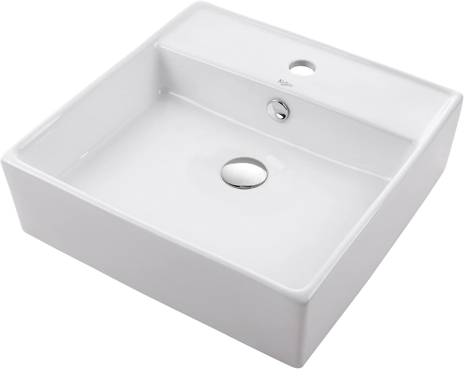 Sleek Square Ceramic Vessel Bathroom Sink with Overflow, 18.5"