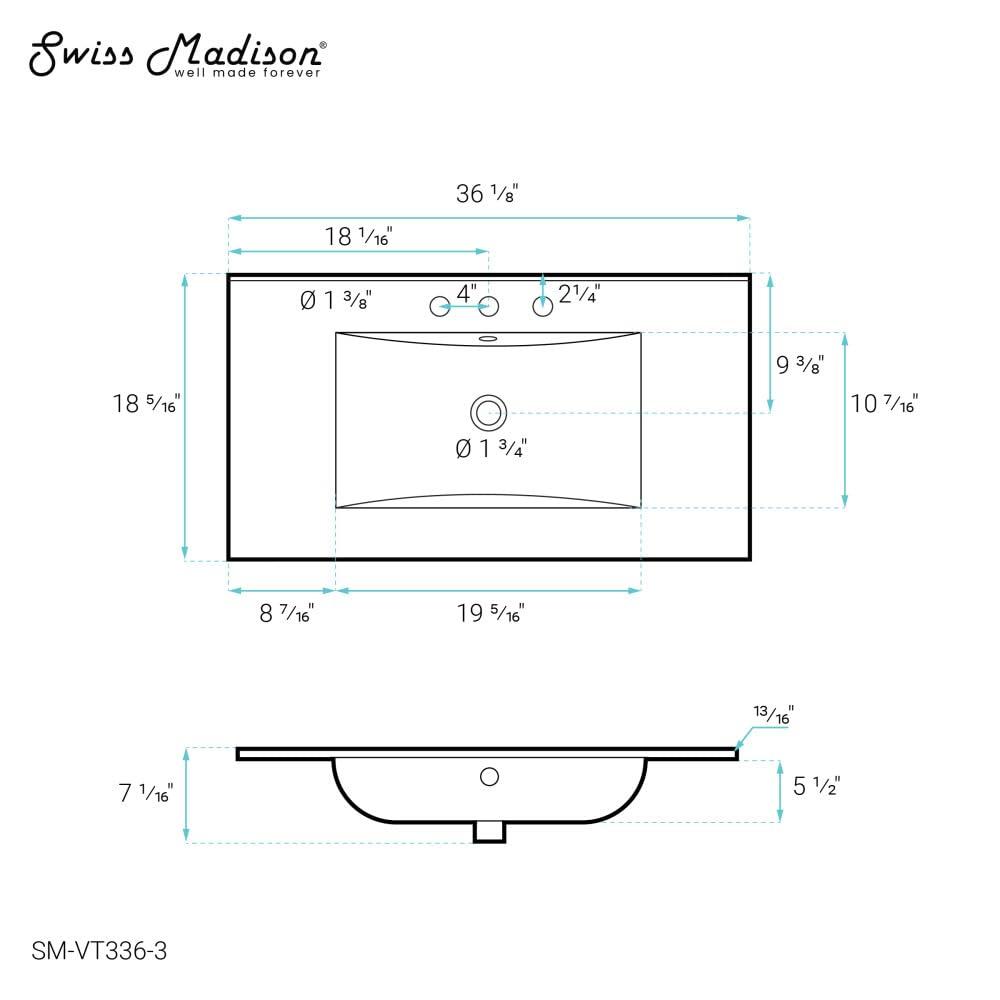 Swiss Madison 36" Zero Hole Vanity Sink Top In Glossy White