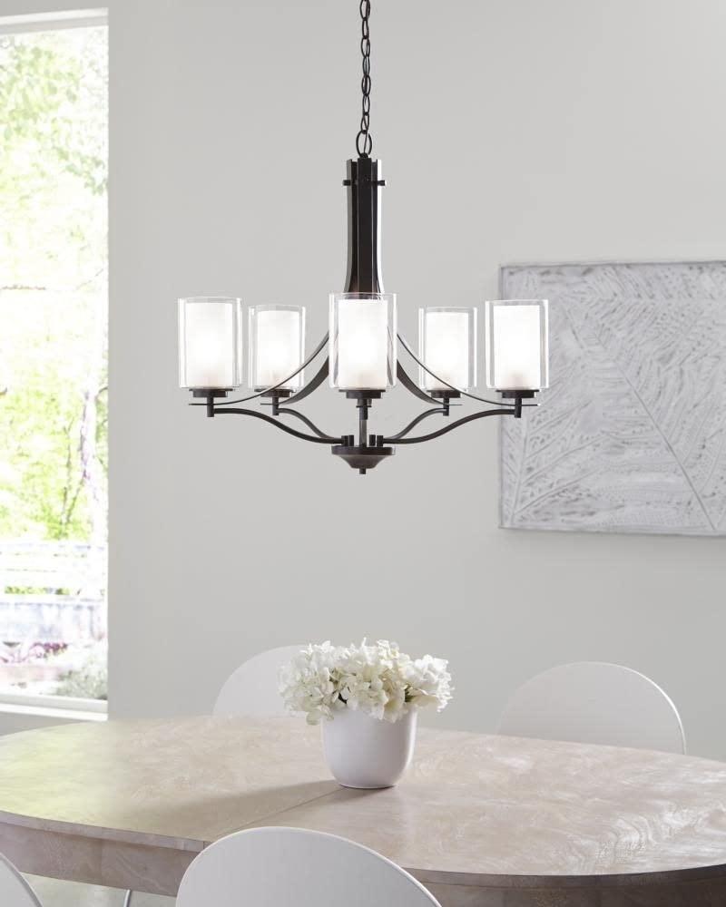 Elmwood Park 5-Light Bronze Modern Transitional Hanging Candlestick Chandelier with Satin Etched Glass Shades