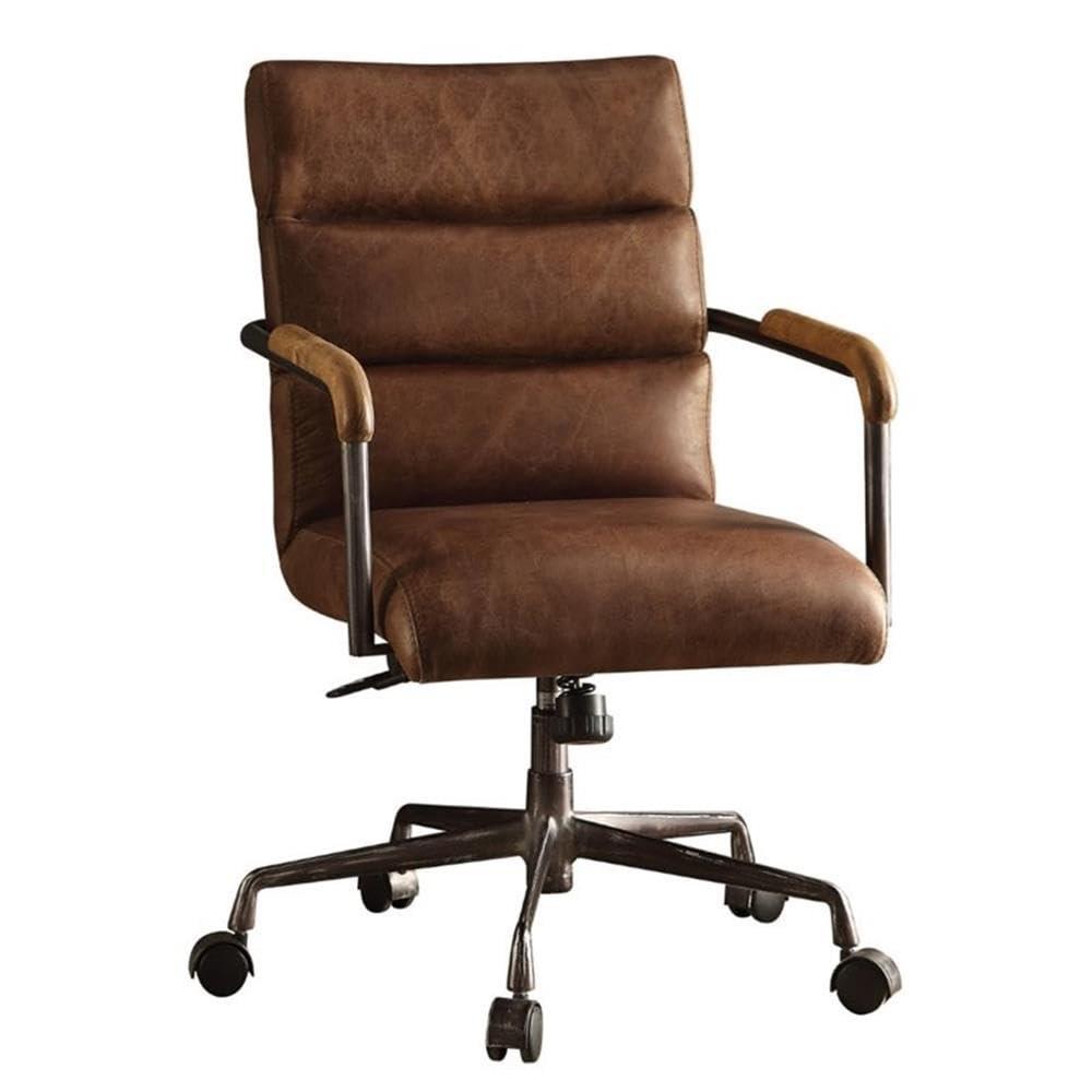 Leather Executive Swivel Office Chair with Lumbar and Back Support and Wheels, Industrial Modern Upholstered Home Desk Chair in Retro Brown Top Grain Leather for Living Room Office