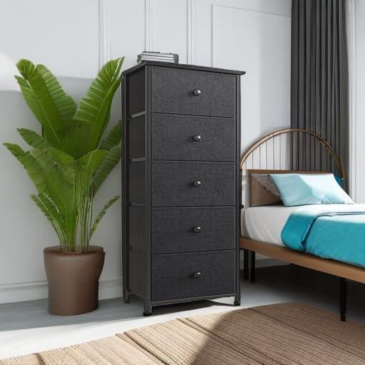 Black Vertical 5-Drawer Fabric and Steel Dresser