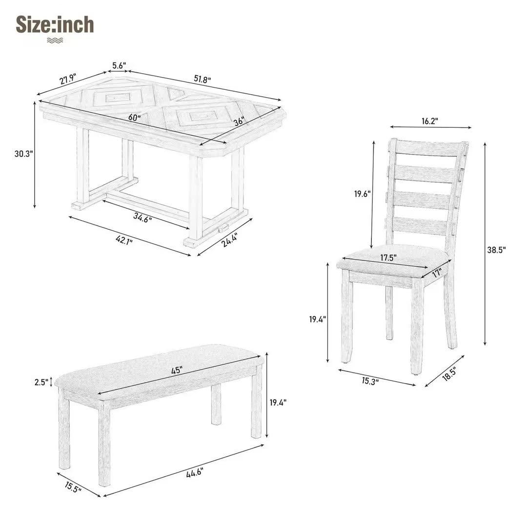 Bellemave Dining Table Set for 6, Rectangular Dining Table with Upholstered Chairs and Bench, 6-Piece Table Set for Dining Room and Kitchen, Retro Dining Room Table Set with Bench, 4 Chairs