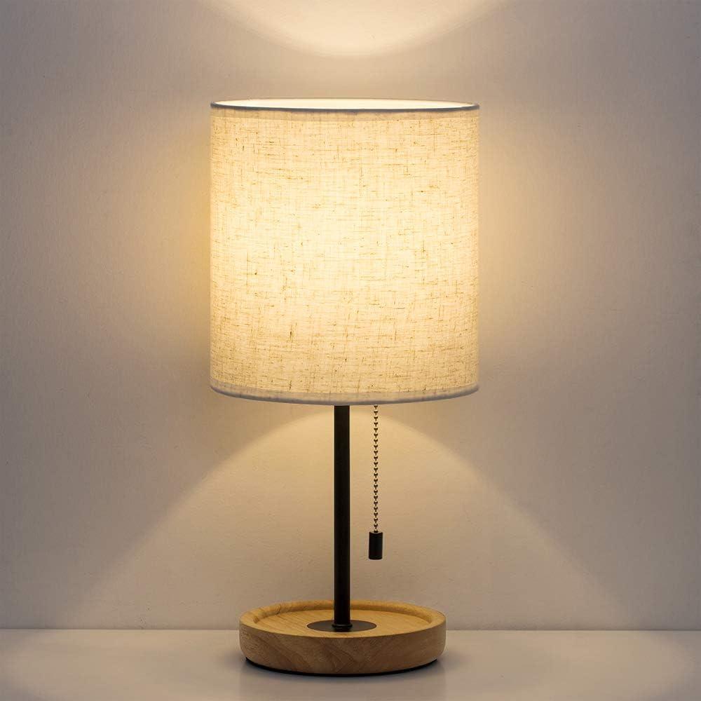 Contemporary Desk Lamp with Metal Frame, Wooden Base, Pull Chain Switch