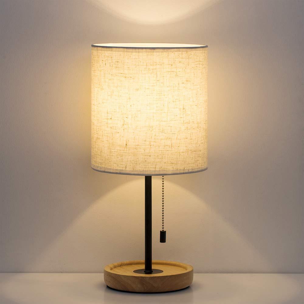 Contemporary Desk Lamp with Metal Frame, Wooden Base, Pull Chain Switch