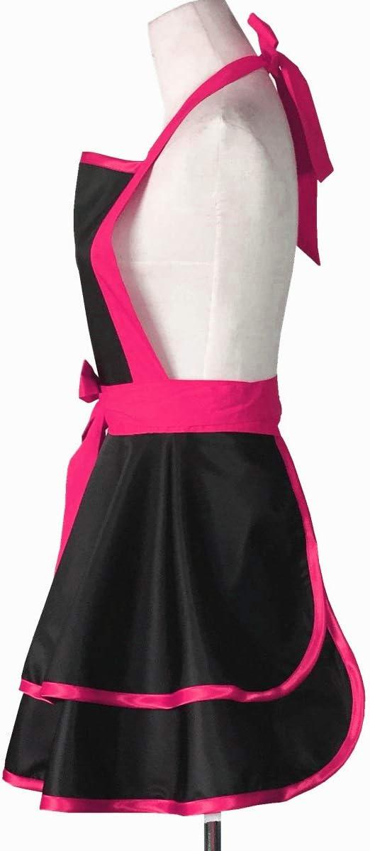 Hyzrz Lovely Handmade Cotton Retro Black Aprons for Women Girls Cake Kitchen Cook Apron for Mother's Gift (Red Rose)