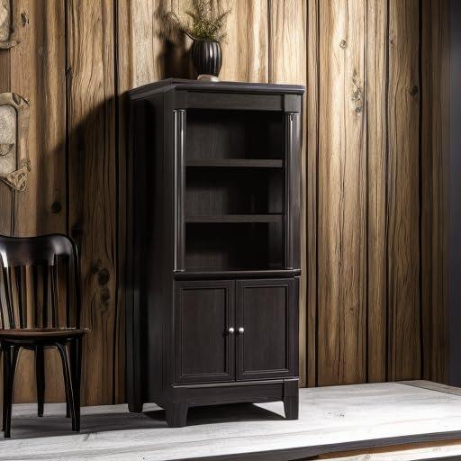 Wind Oak Dark Brown Adjustable Library Bookcase with Doors