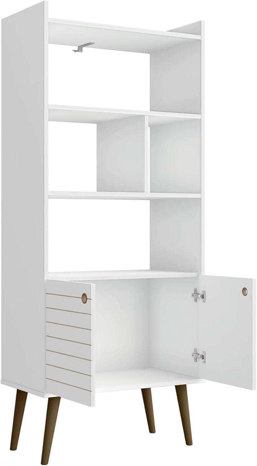 Mid-Century Modern White and Wood 3-Tier Bookshelf with Doors