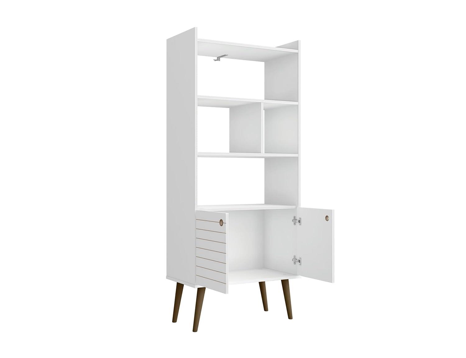 Mid-Century Modern White and Wood 3-Tier Bookshelf with Doors